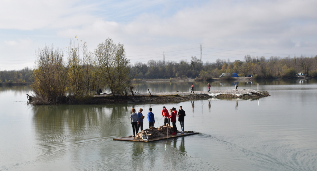 A group of volunteers on a raft in the middle of a pond working to restore it